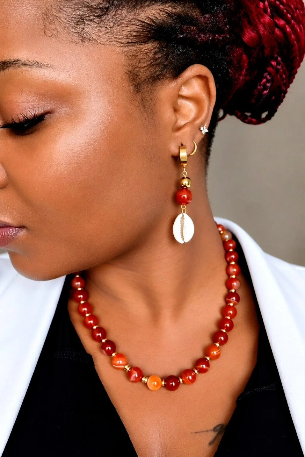 AKÙ | Red Agate Cowrie Earrings